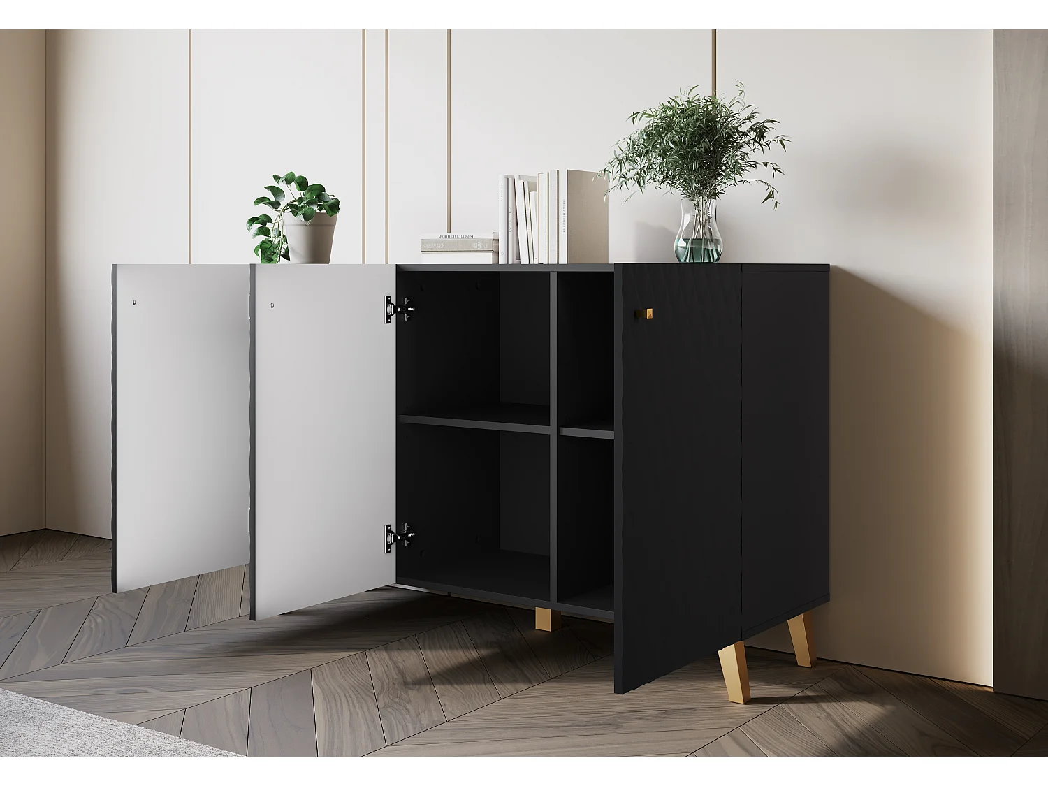 Commode moderne 120 cm pour salon sur pieds dorés, graphite noir, façades MDF à losanges