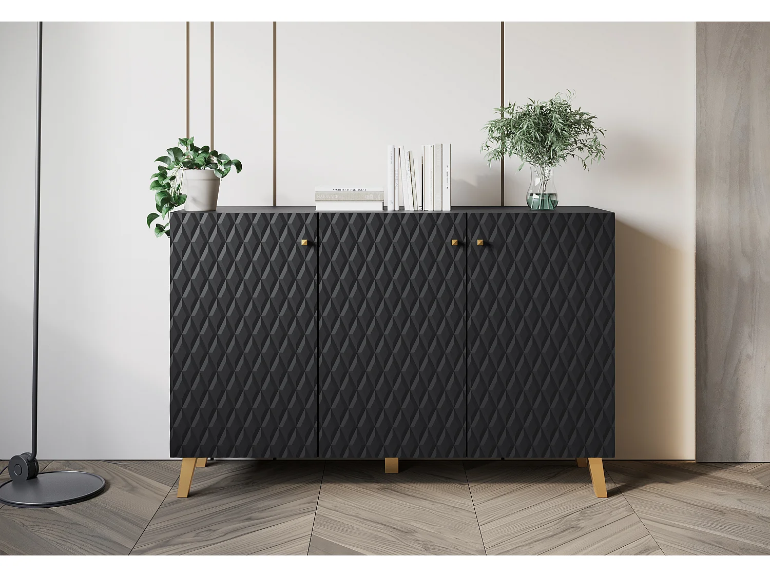 Commode moderne 120 cm pour salon sur pieds dorés, graphite noir, façades MDF à losanges