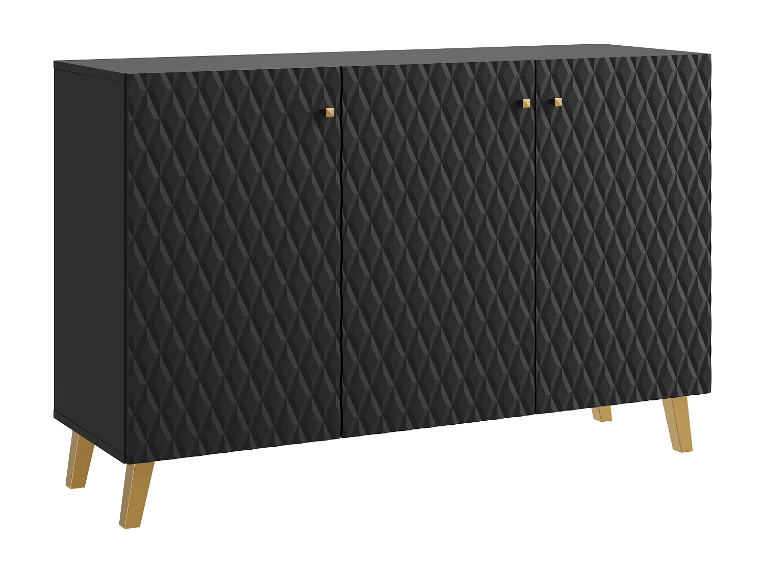 Commode moderne 120 cm pour salon sur pieds dorés, graphite noir, façades MDF à losanges