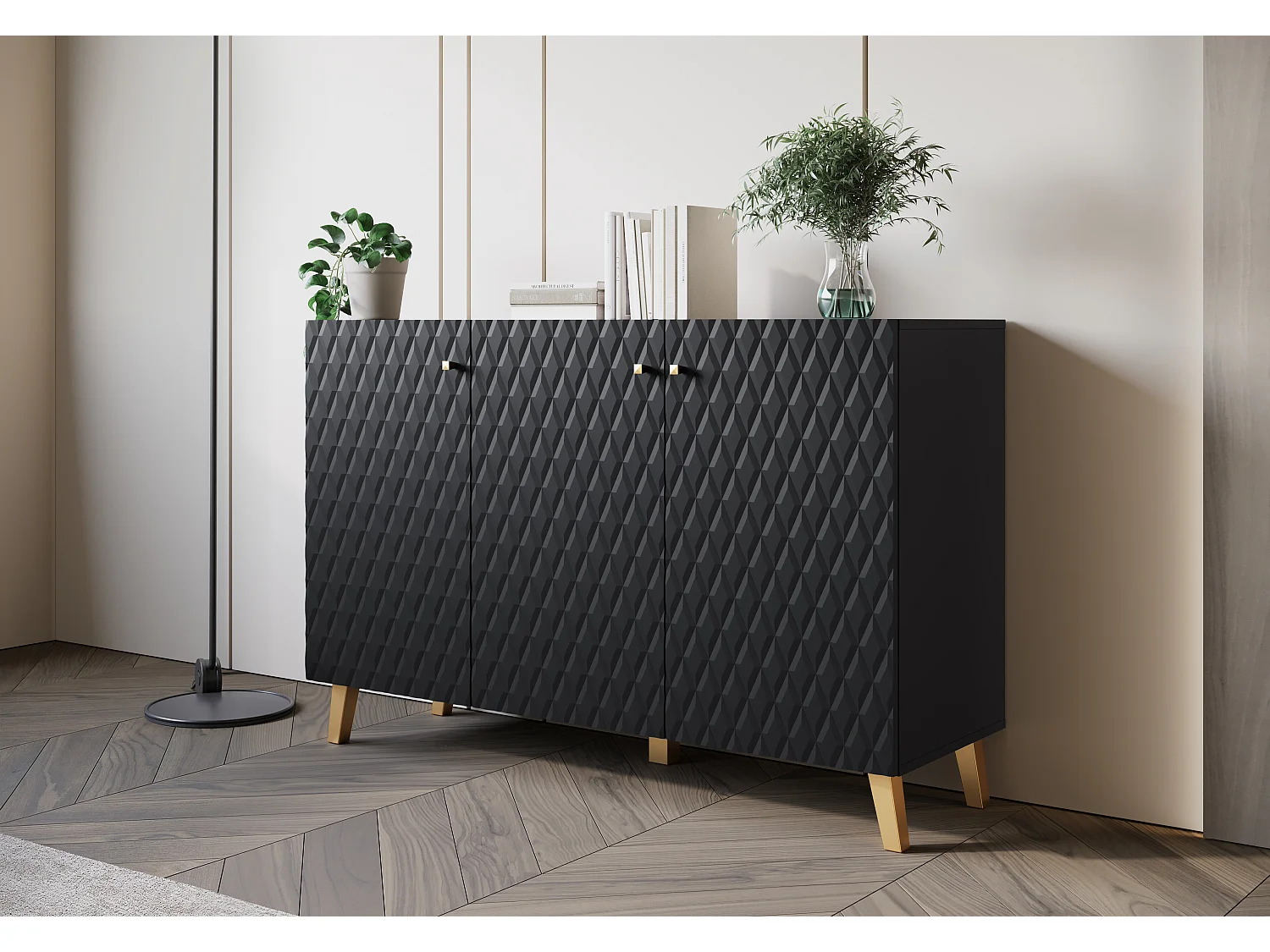 Commode moderne 120 cm pour salon sur pieds dorés, graphite noir, façades MDF à losanges