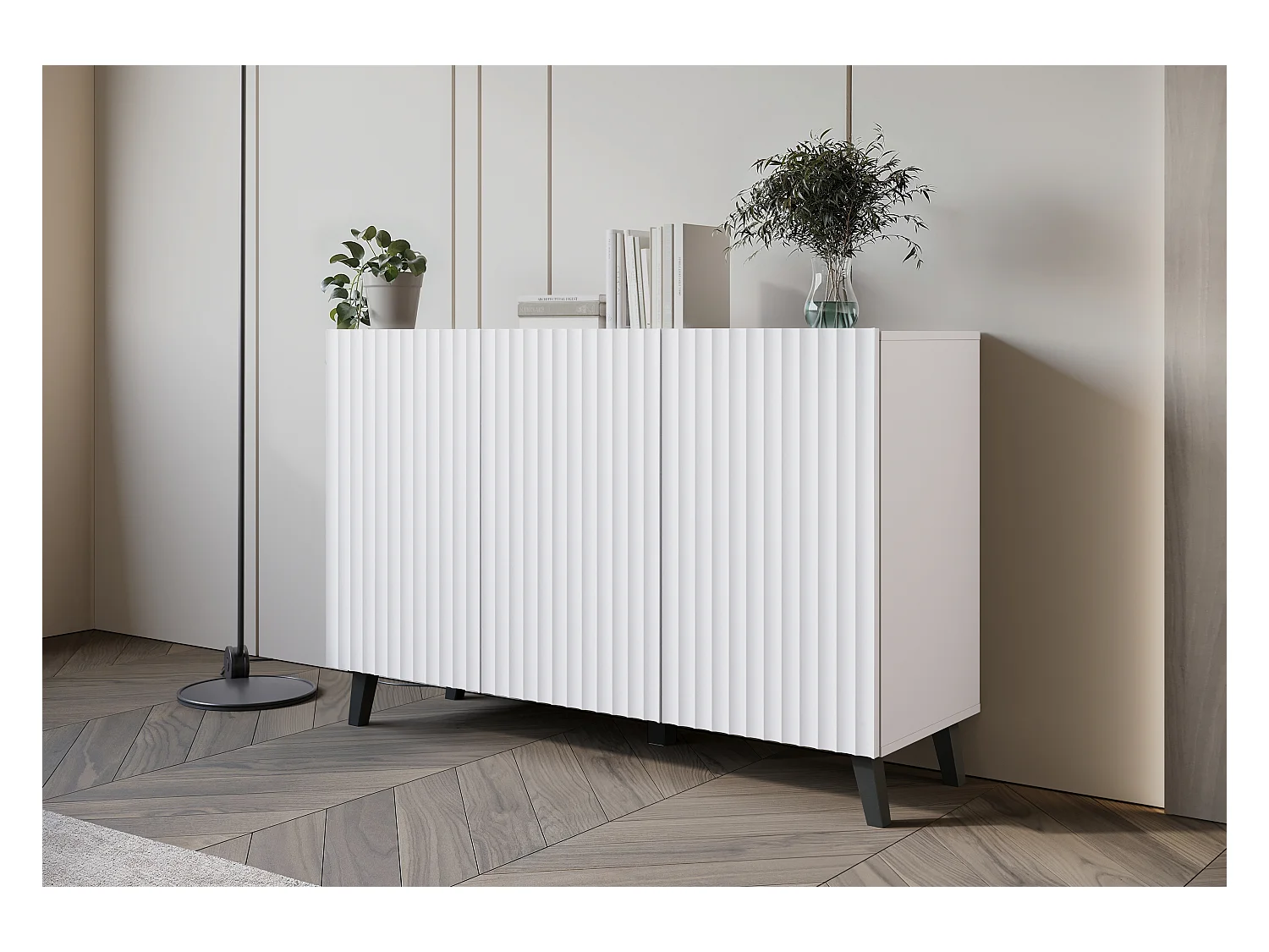 Commode moderne 120 cm pour salon sur pieds, blanche, façades MDF à larges rainures