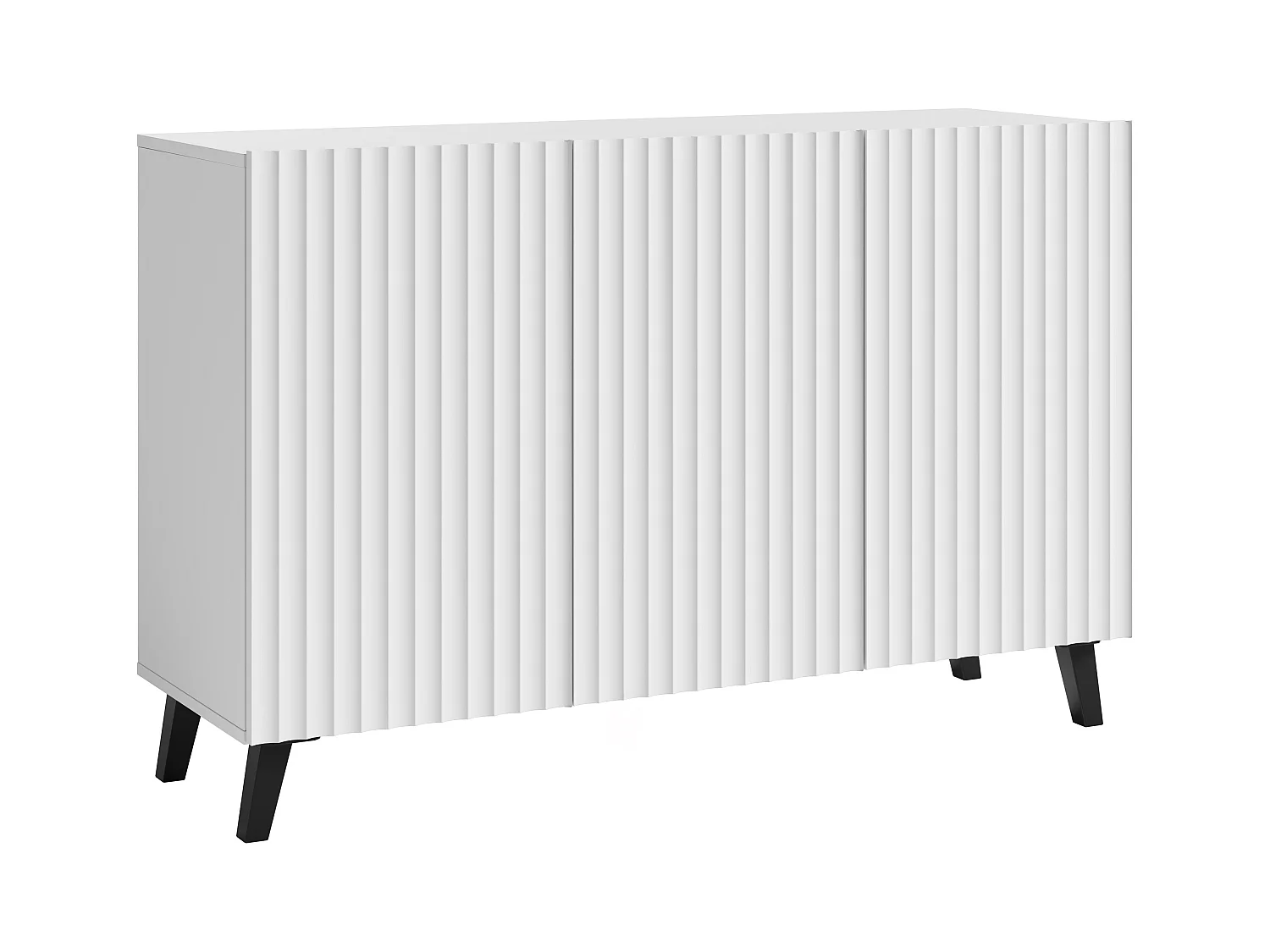 Commode moderne 120 cm pour salon sur pieds, blanche, façades MDF à larges rainures