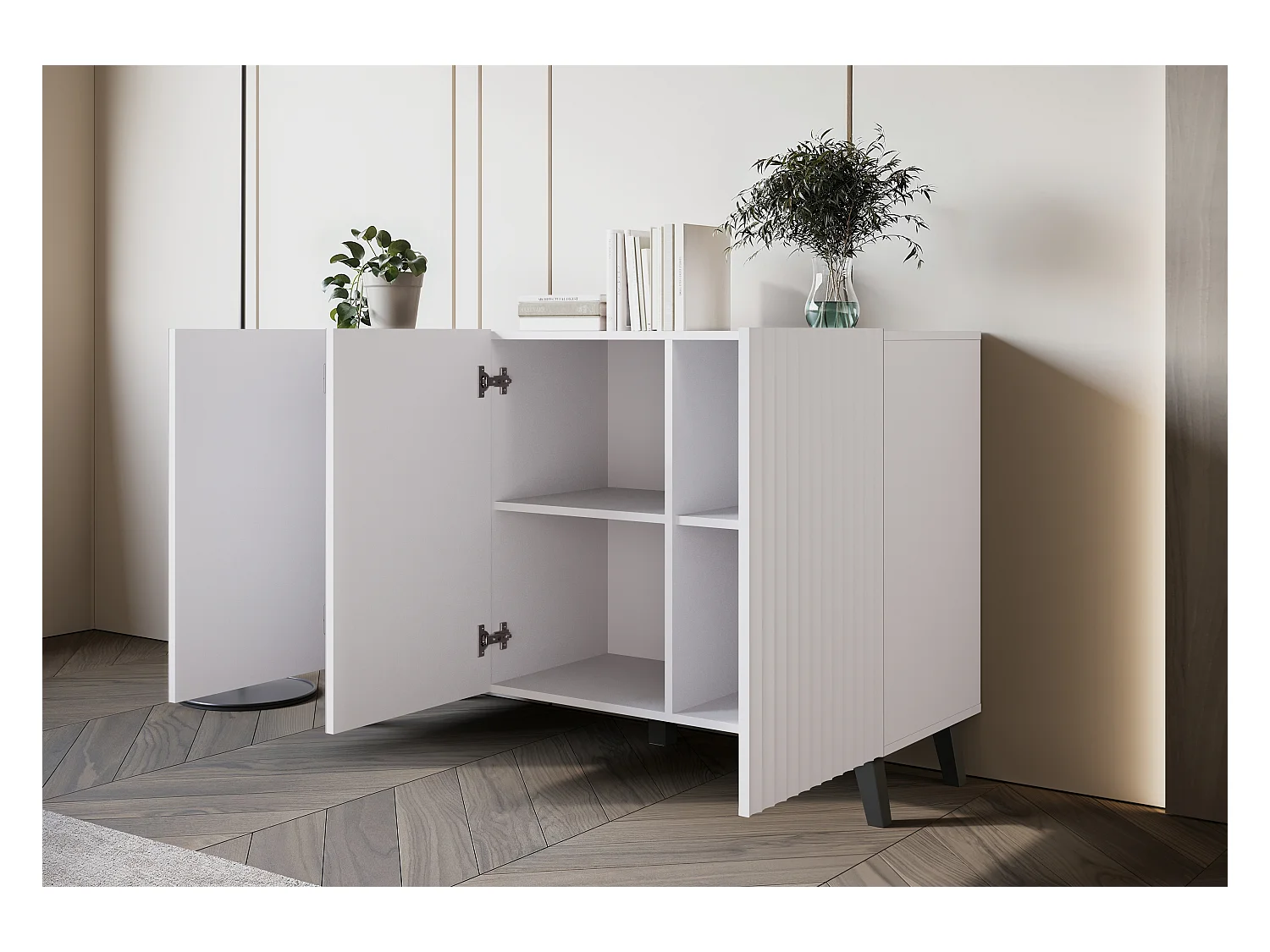 Commode moderne 120 cm pour salon sur pieds, blanche, façades MDF à larges rainures