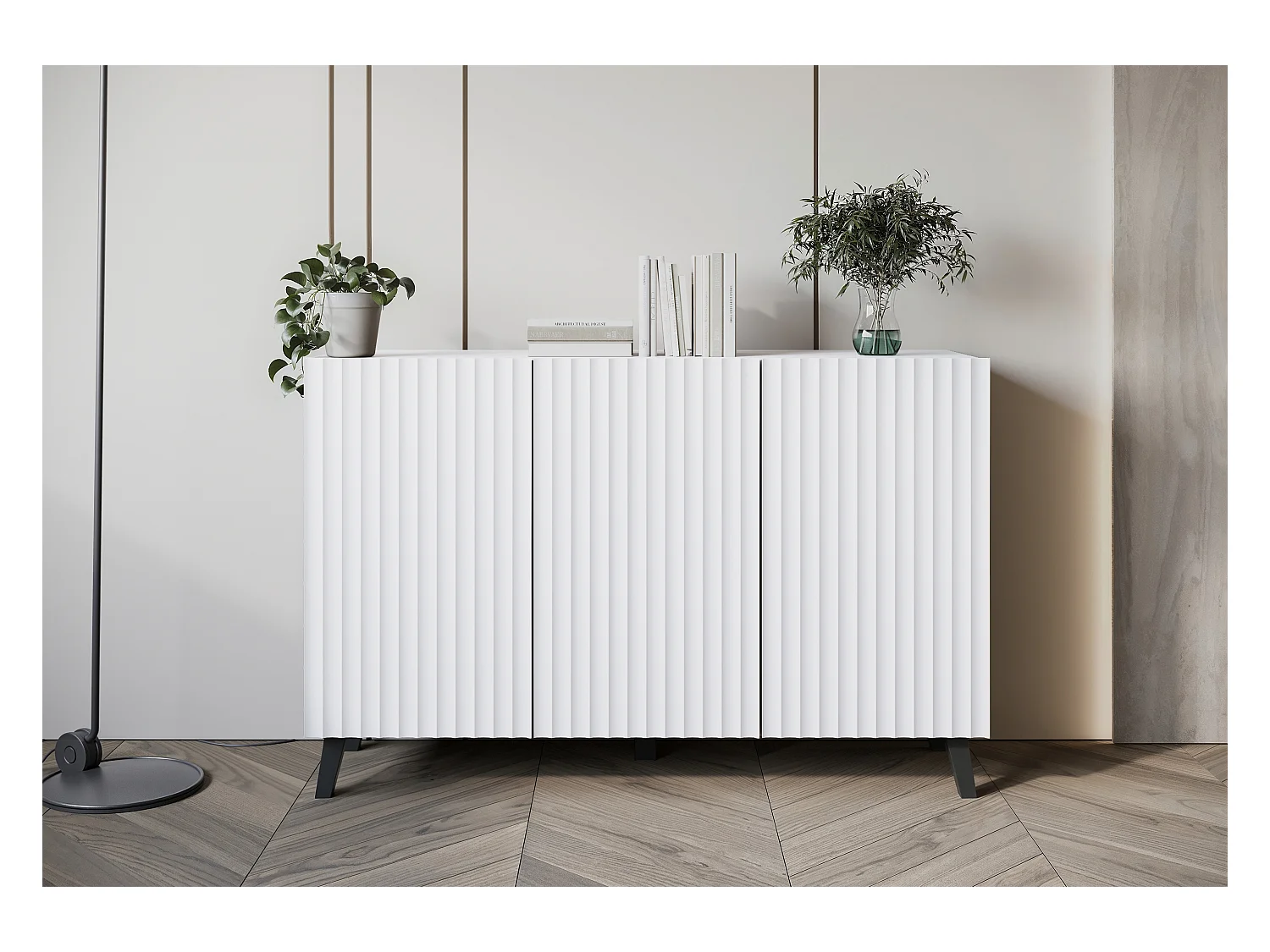 Commode moderne 120 cm pour salon sur pieds, blanche, façades MDF à larges rainures