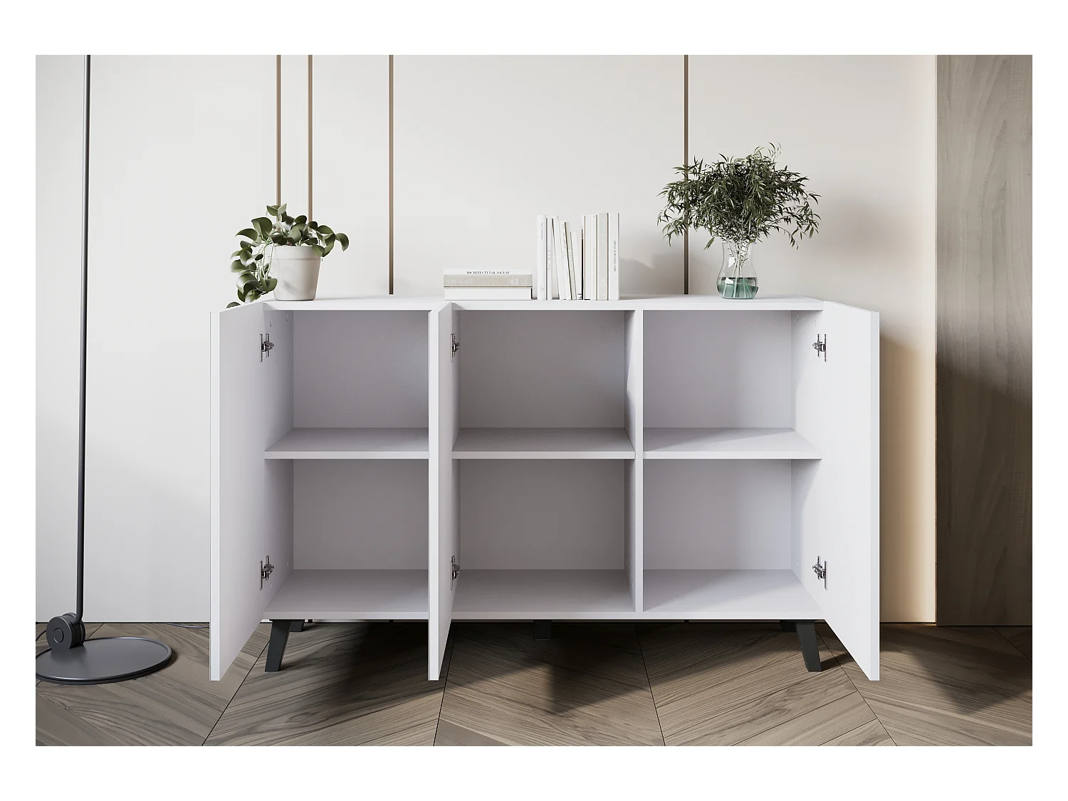 Commode moderne 120 cm pour salon sur pieds, blanche, façades MDF à larges rainures