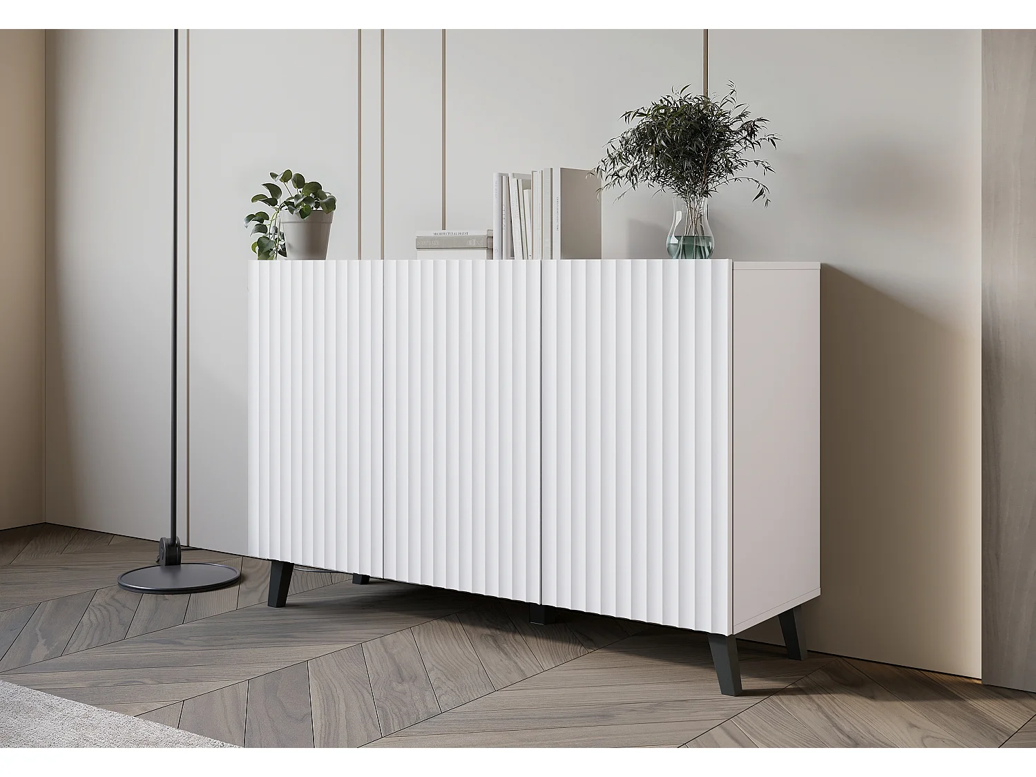 Commode moderne 120 cm pour salon sur pieds, blanche, façades MDF à larges rainures