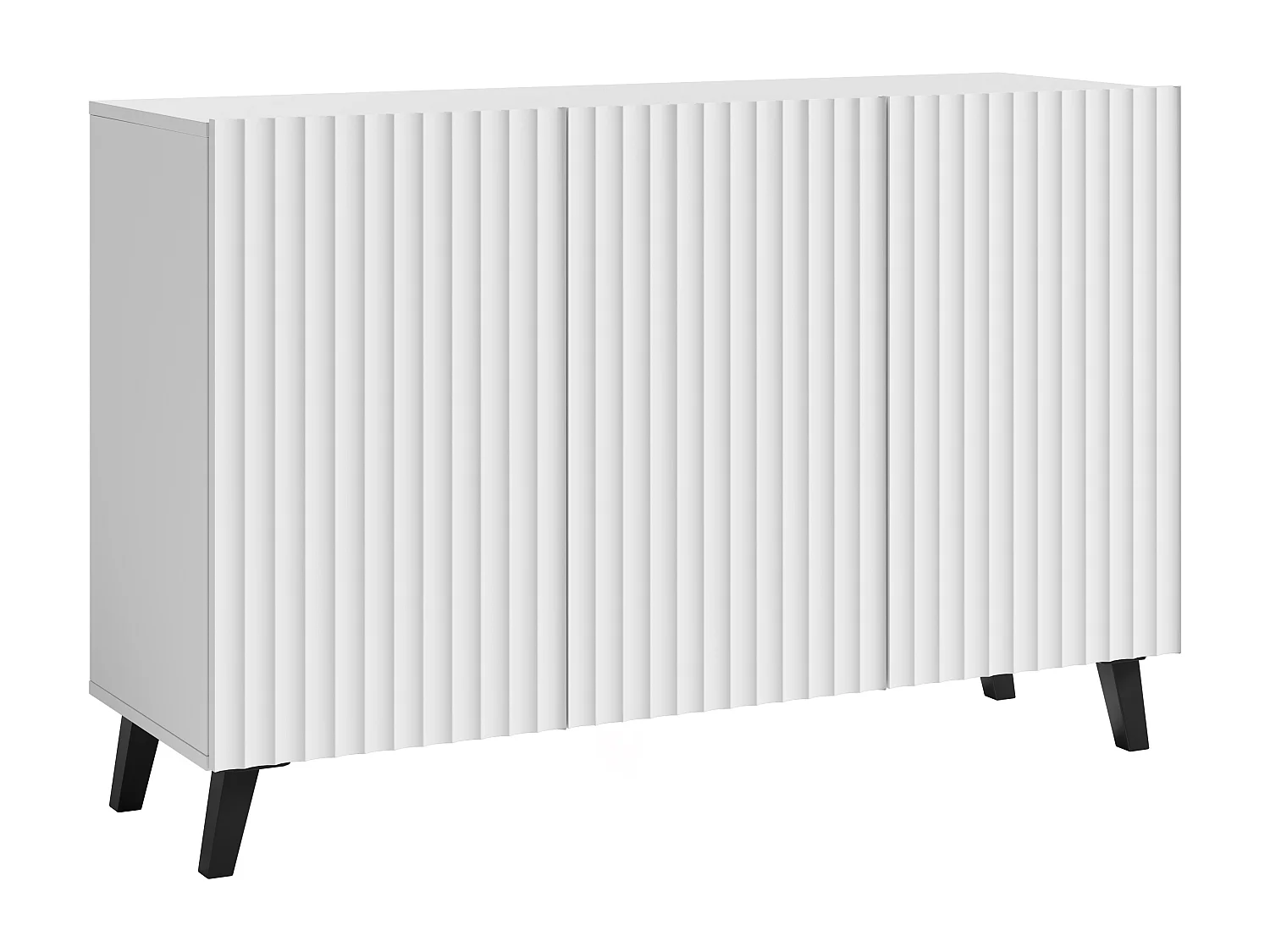 Commode moderne 120 cm pour salon sur pieds, blanche, façades MDF à larges rainures