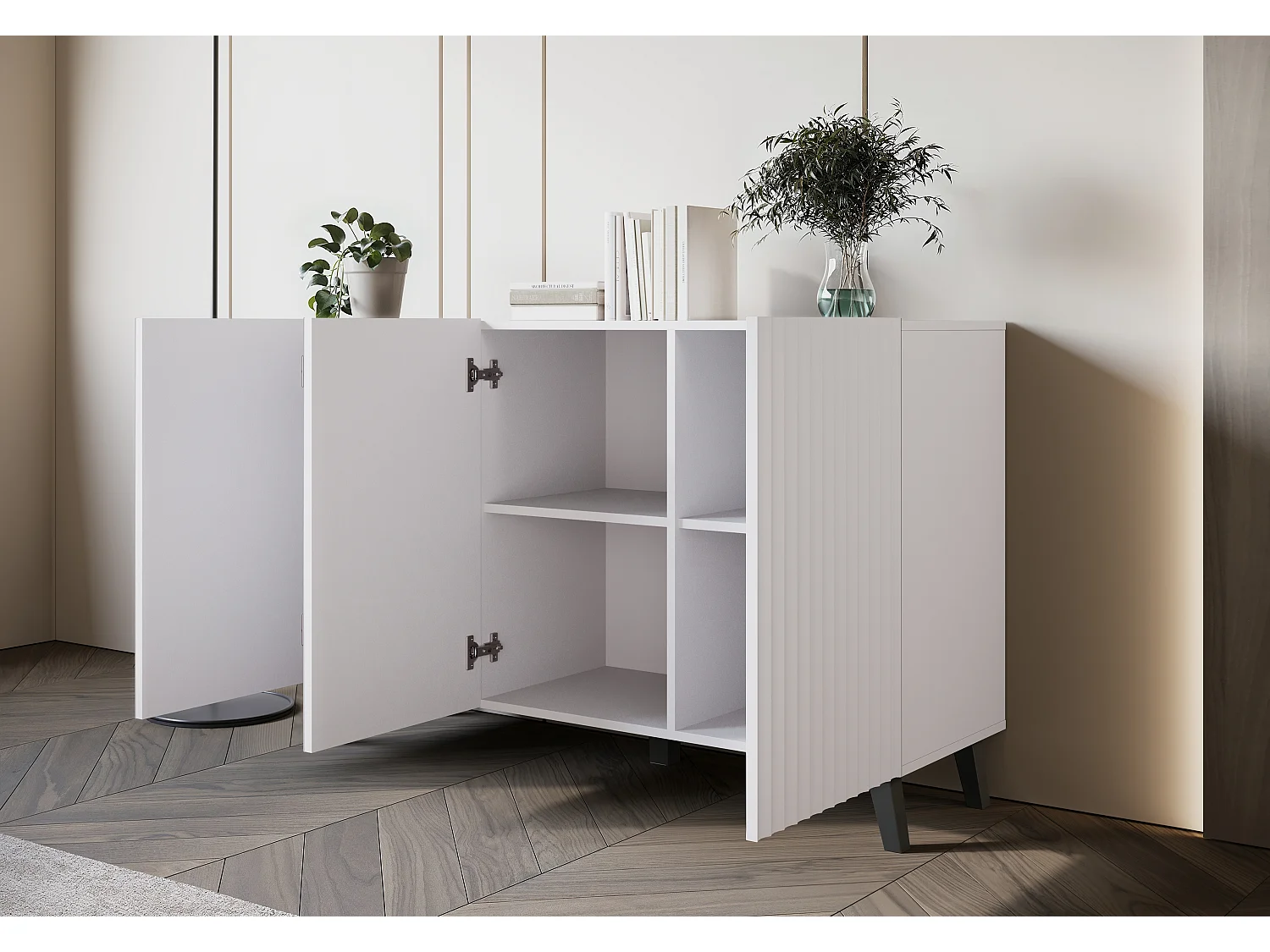 Commode moderne 120 cm pour salon sur pieds, blanche, façades MDF à larges rainures