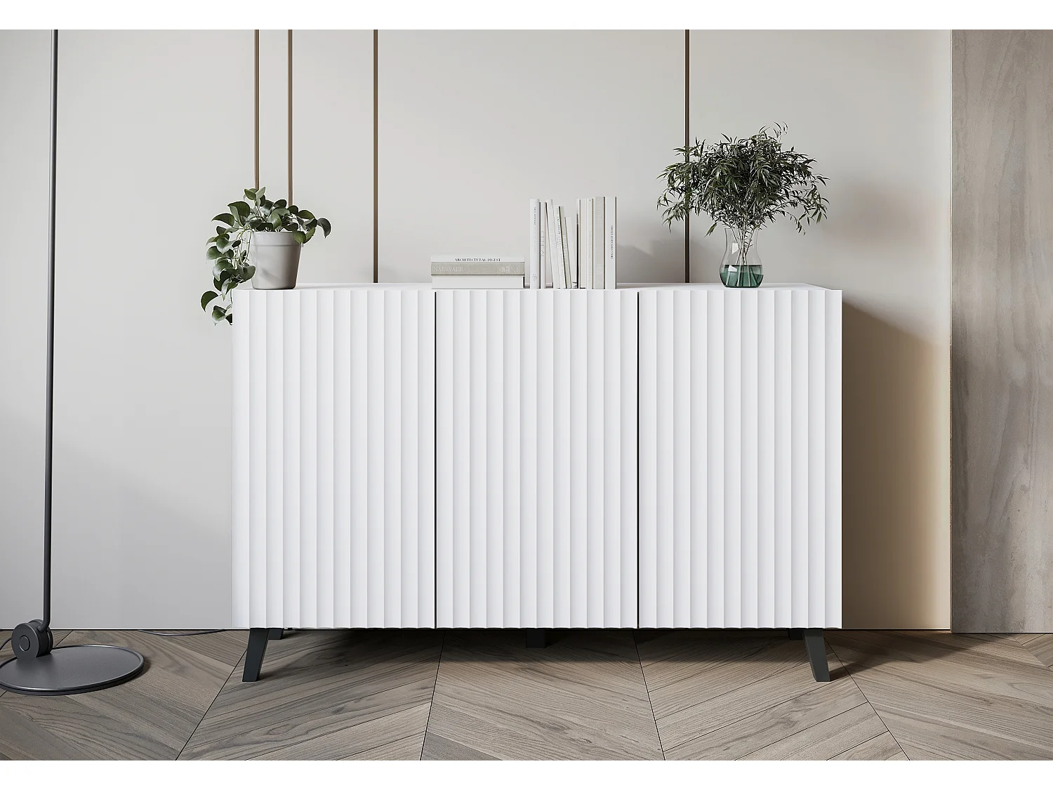 Commode moderne 120 cm pour salon sur pieds, blanche, façades MDF à larges rainures