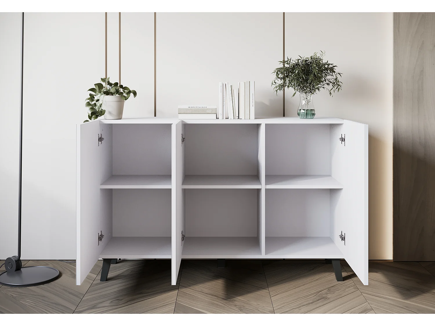 Commode moderne 120 cm pour salon sur pieds, blanche, façades MDF à larges rainures