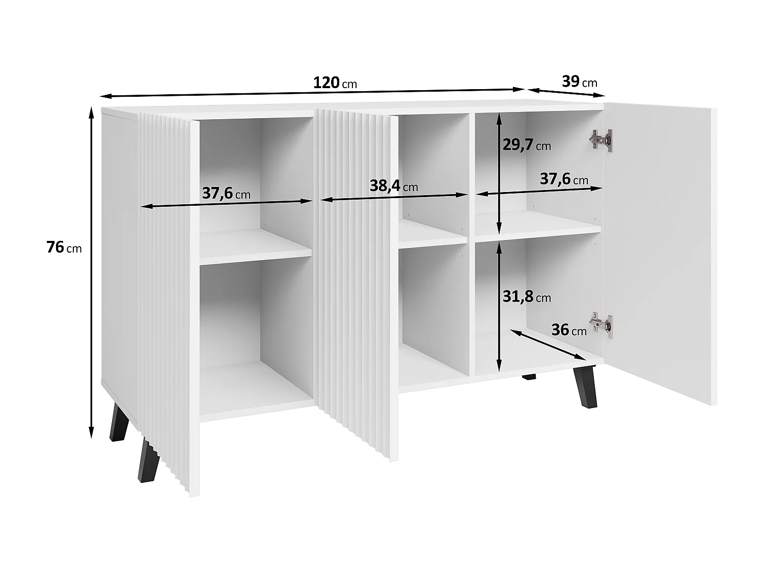 Commode moderne 120 cm pour salon sur pieds, blanche, façades MDF à larges rainures