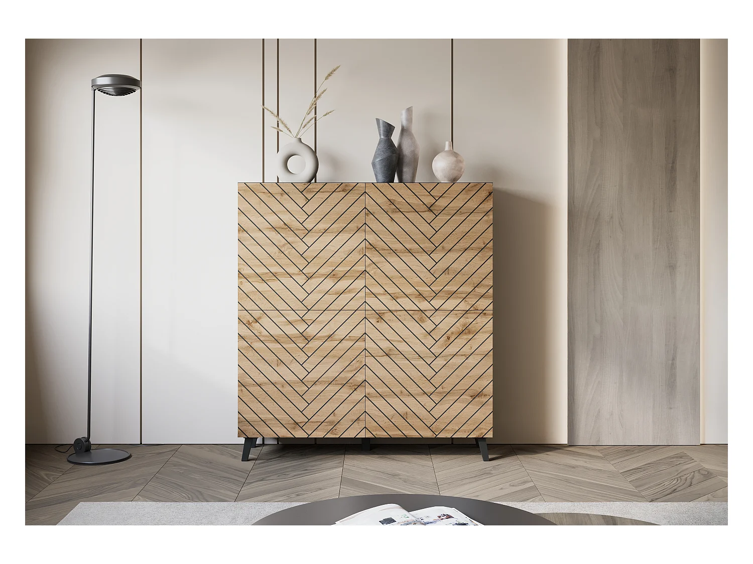 Moderne hoge commode 120 cm op poten voor woonkamer, zwart grafiet, MDF-fronten in visgraatmotief