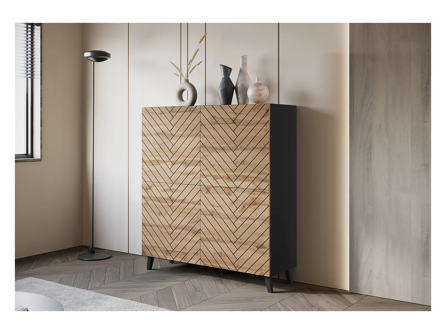 Commode haute moderne 120 cm sur pieds pour salon, graphite noir, façades MDF motif chevrons