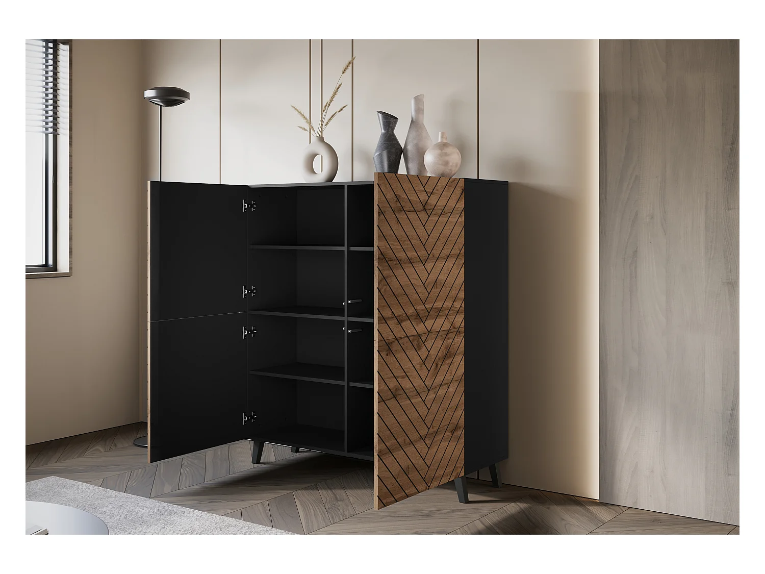 Commode haute moderne 120 cm sur pieds pour salon, graphite noir, façades MDF motif chevrons