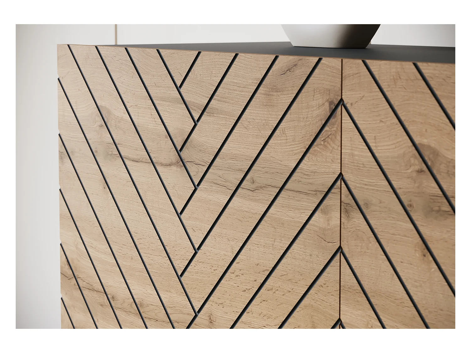 Commode haute moderne 120 cm sur pieds pour salon, graphite noir, façades MDF motif chevrons