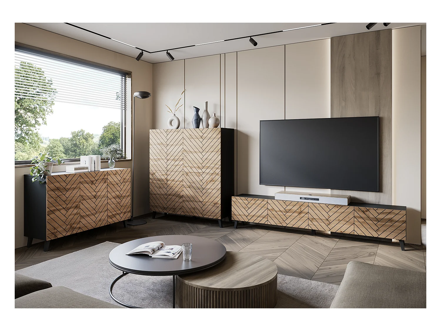 Commode haute moderne 120 cm sur pieds pour salon, graphite noir, façades MDF motif chevrons