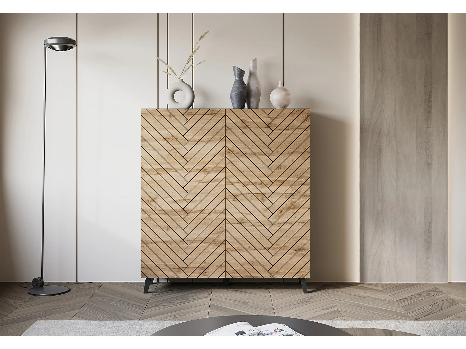 Commode haute moderne 120 cm sur pieds pour salon, graphite noir, façades MDF motif chevrons