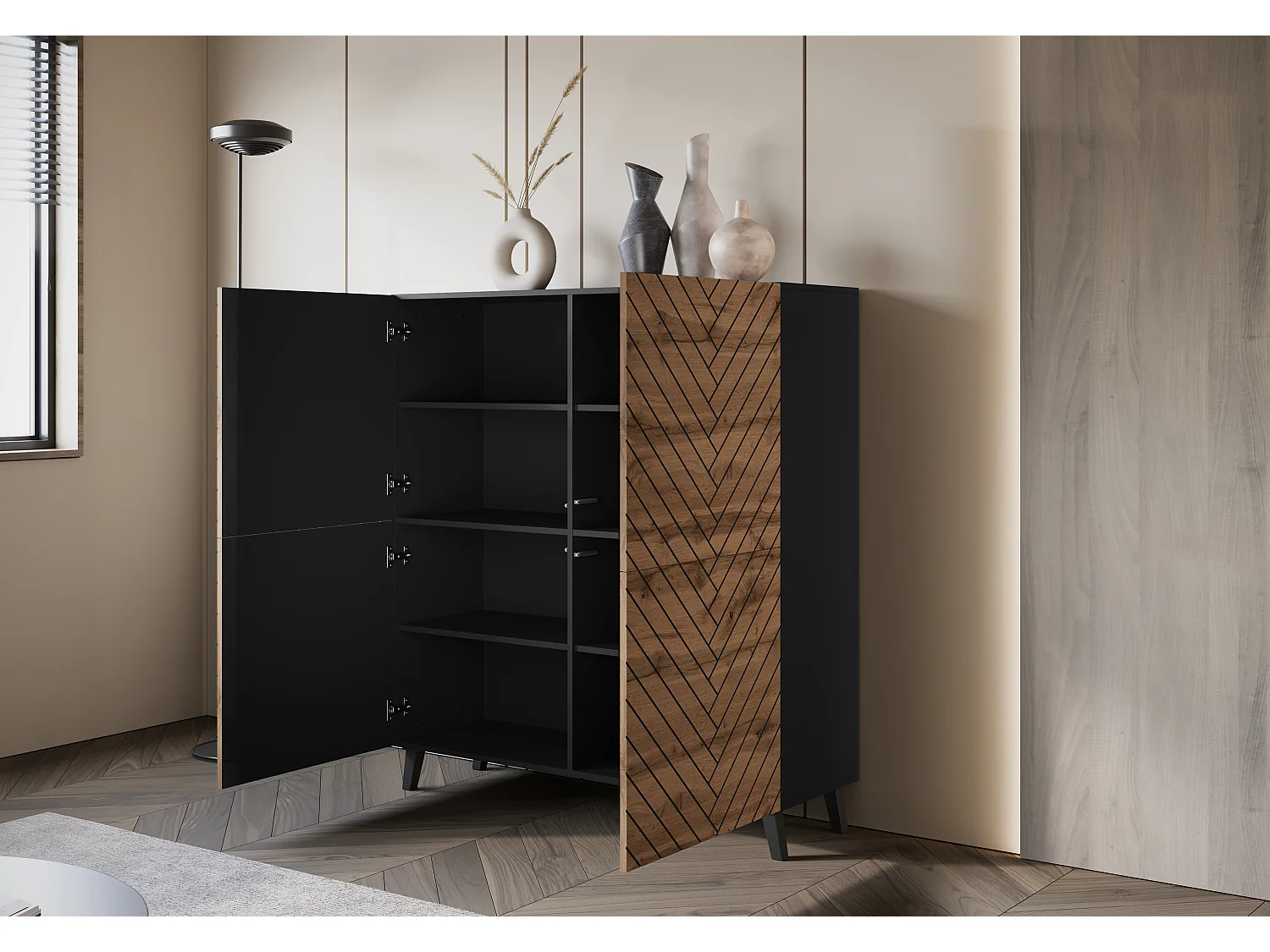 Commode haute moderne 120 cm sur pieds pour salon, graphite noir, façades MDF motif chevrons