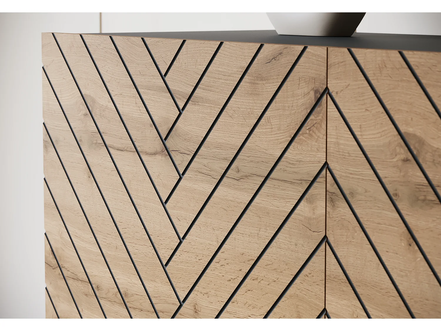 Commode haute moderne 120 cm sur pieds pour salon, graphite noir, façades MDF motif chevrons