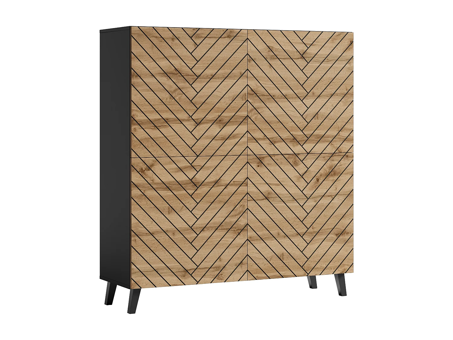Moderne Highboard 120 cm Grafit Sort med Chevron Mønster, MDF-Fronter, Push-to-Open System, 8 Opbevaringsrum