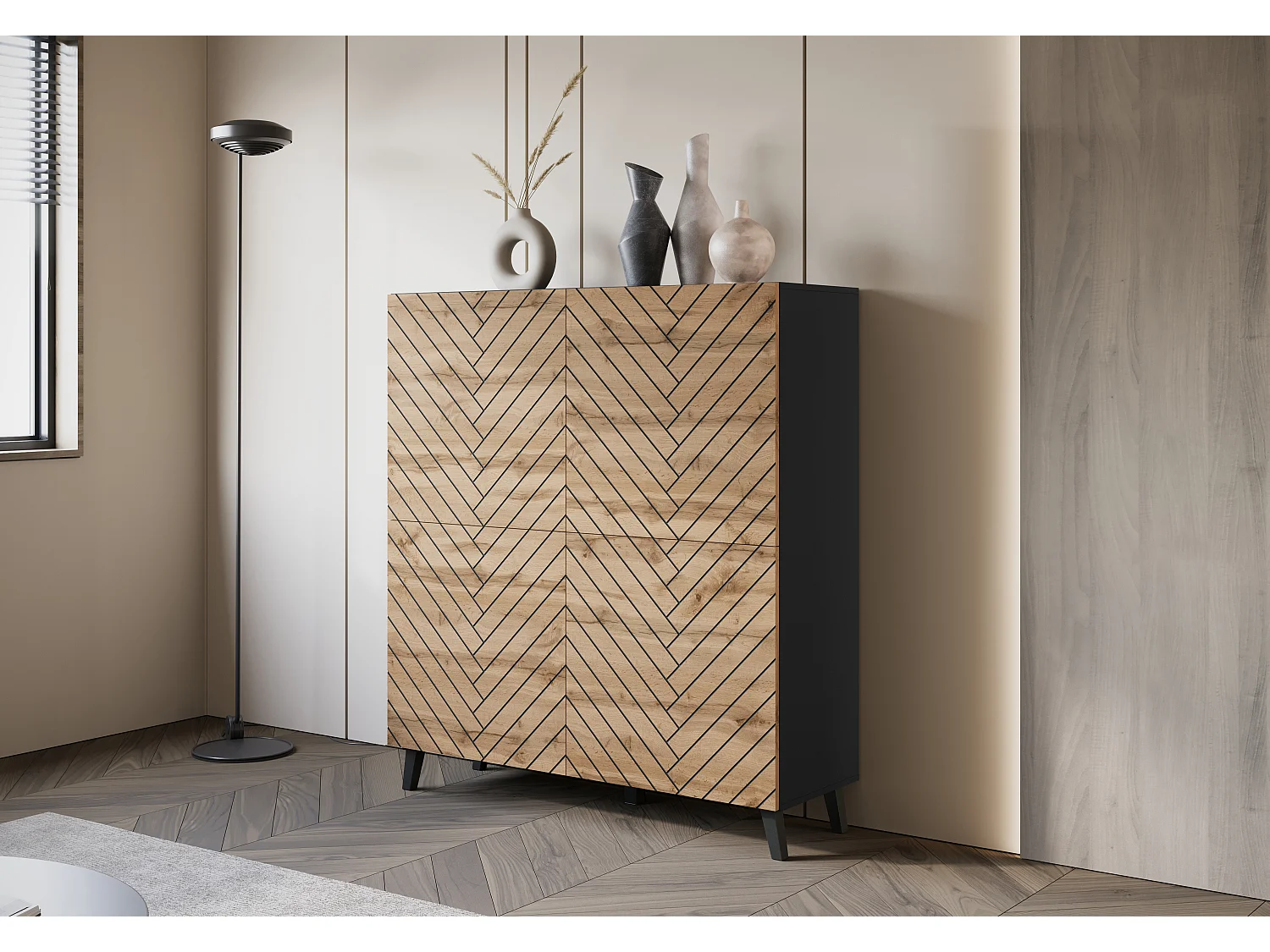 Moderne Highboard 120 cm Grafit Sort med Chevron Mønster, MDF-Fronter, Push-to-Open System, 8 Opbevaringsrum