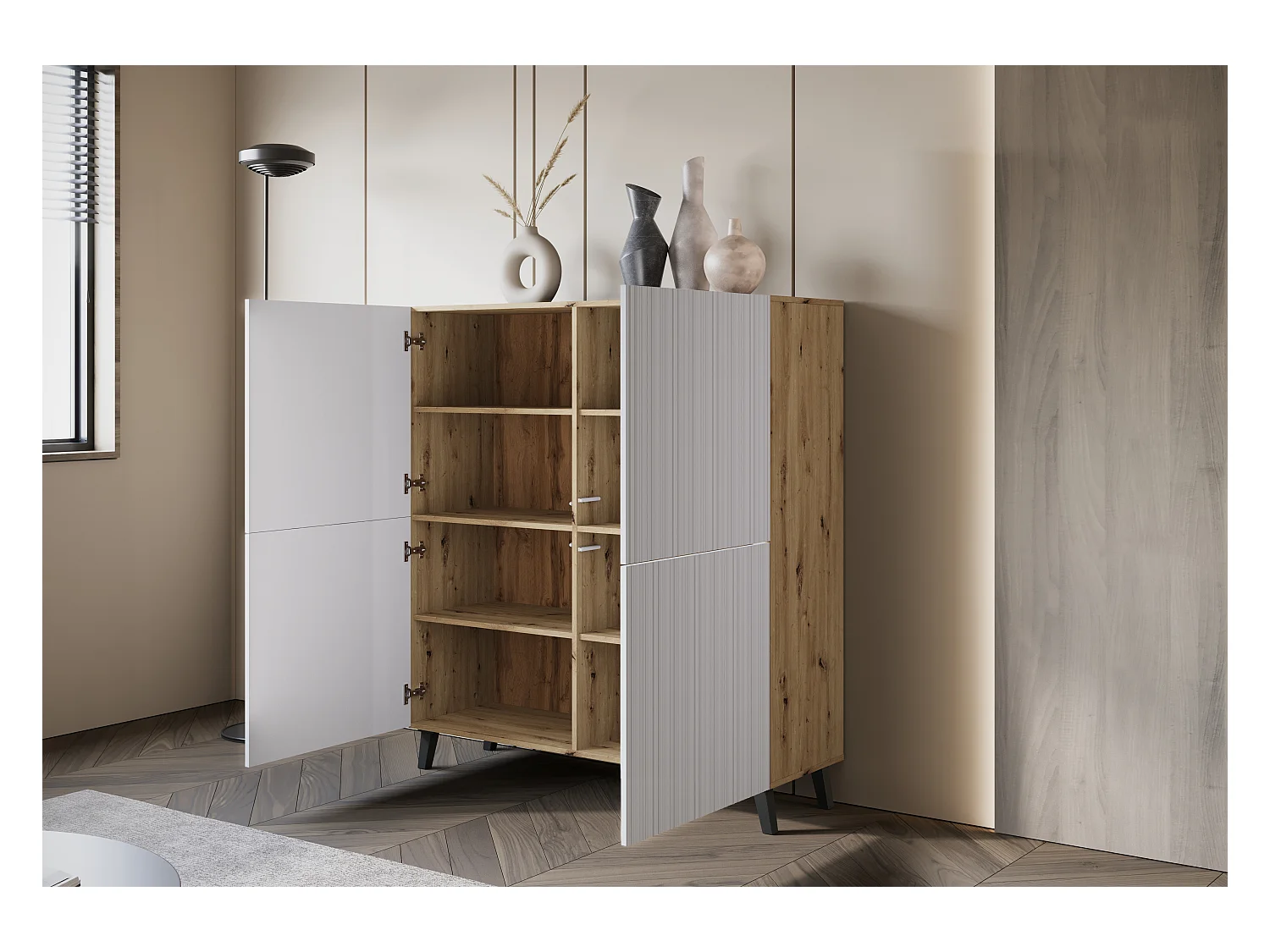 Cómoda alta moderna 120 cm con patas para salón, artisan, frentes de MDF blancos con ranuras finas