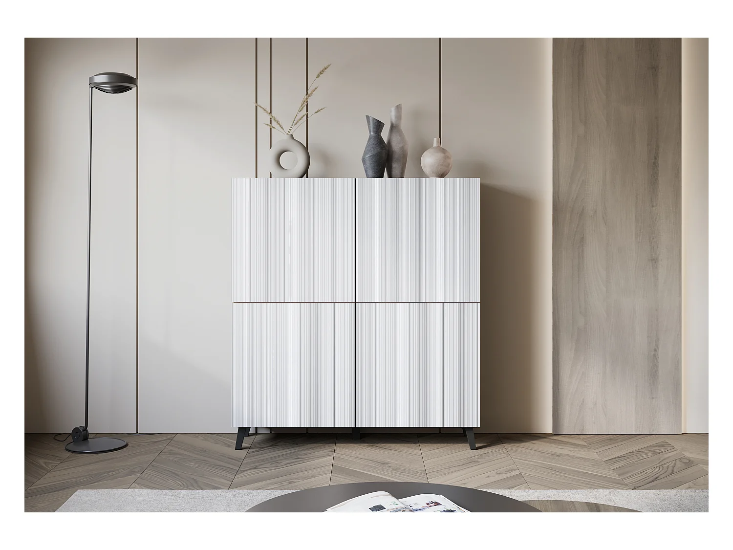 Cómoda alta moderna 120 cm con patas para salón, artisan, frentes de MDF blancos con ranuras finas