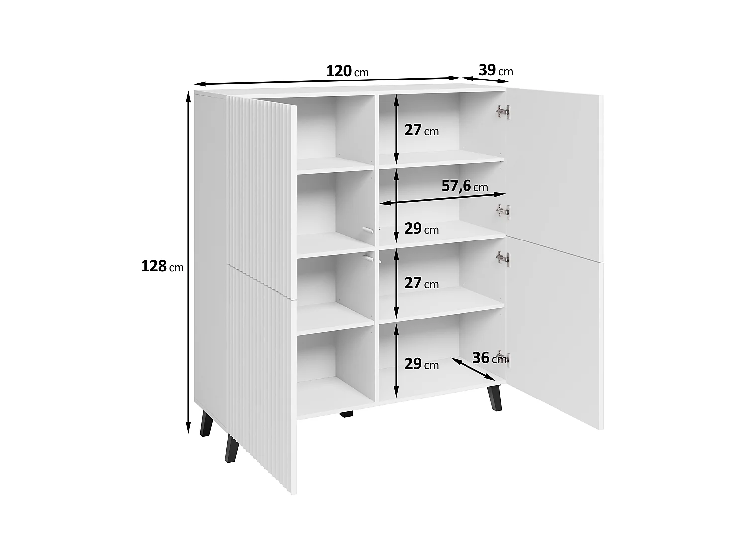 Cómoda alta moderna 120 cm con patas para salón, artisan, frentes de MDF blancos con ranuras finas