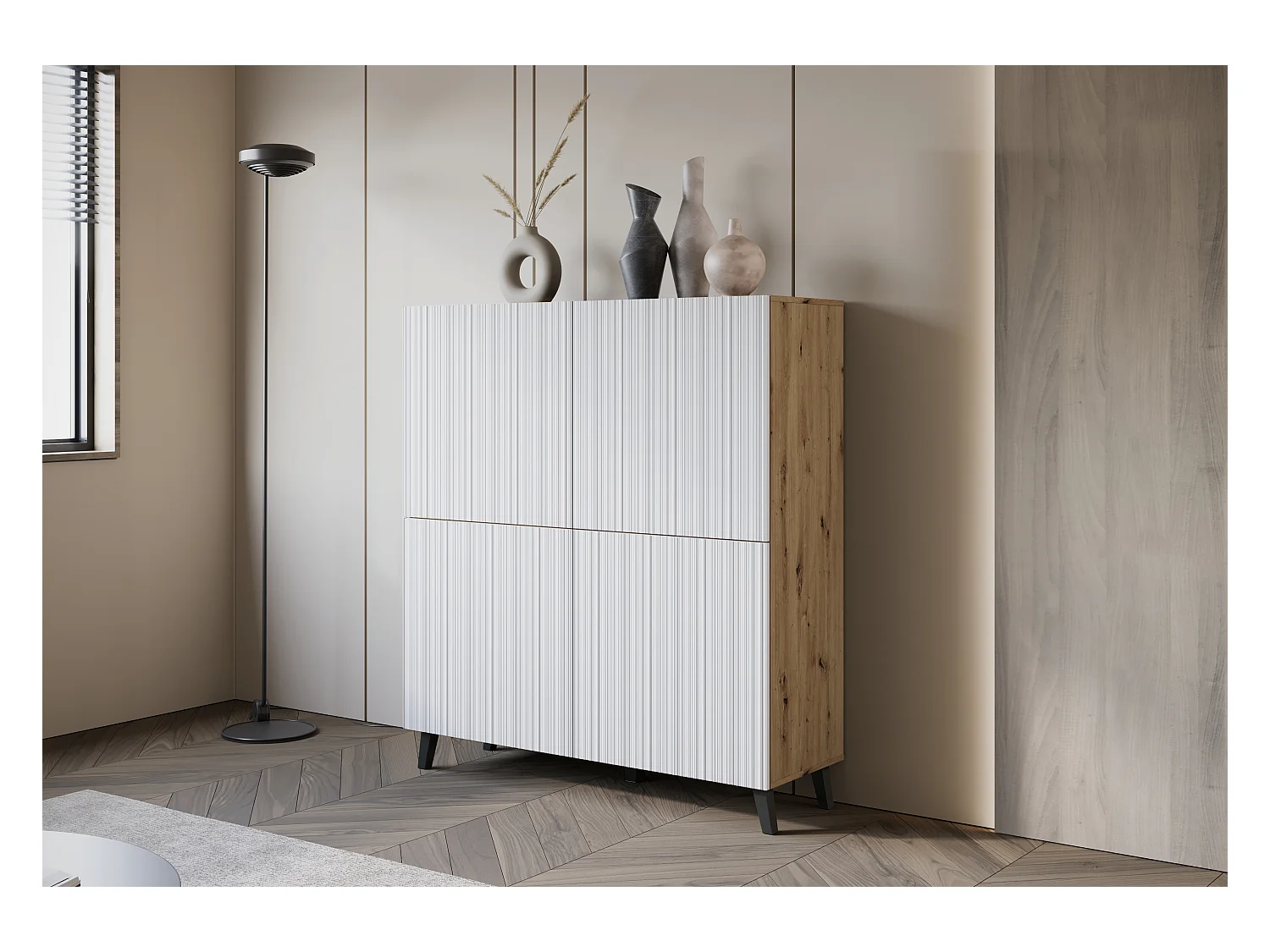 Commode haute moderne 120 cm sur pieds pour salon, artisan, façades MDF blanches à fines rainures