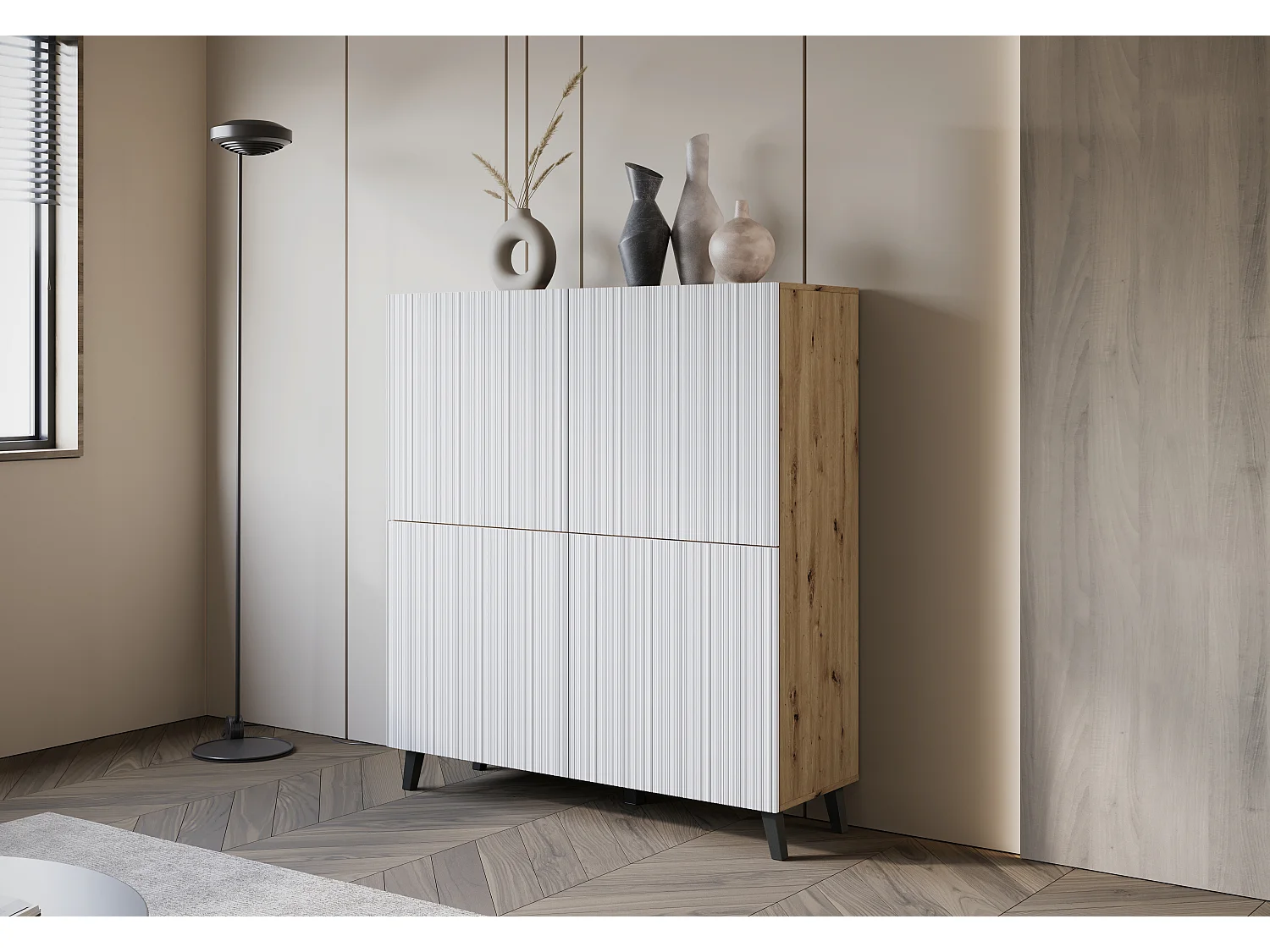 Commode haute moderne 120 cm sur pieds pour salon, artisan, façades MDF blanches à fines rainures