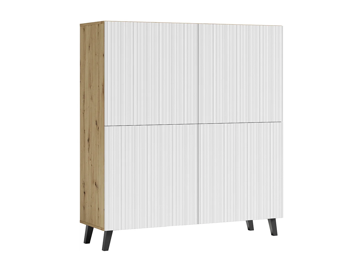 Commode haute moderne 120 cm sur pieds pour salon, artisan, façades MDF blanches à fines rainures
