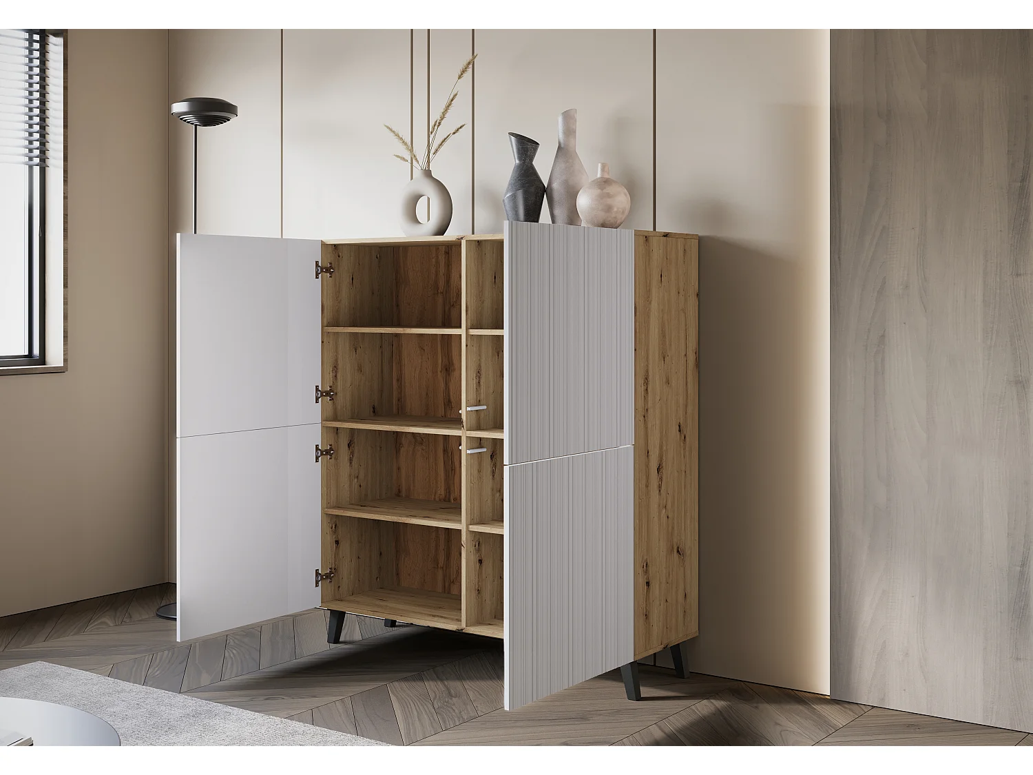 Commode haute moderne 120 cm sur pieds pour salon, artisan, façades MDF blanches à fines rainures