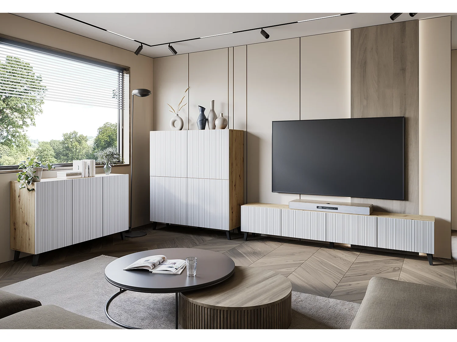 Commode haute moderne 120 cm sur pieds pour salon, artisan, façades MDF blanches à fines rainures