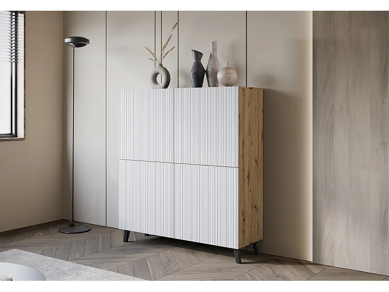 Commode haute moderne 120 cm sur pieds pour salon, artisan, façades MDF blanches à fines rainures