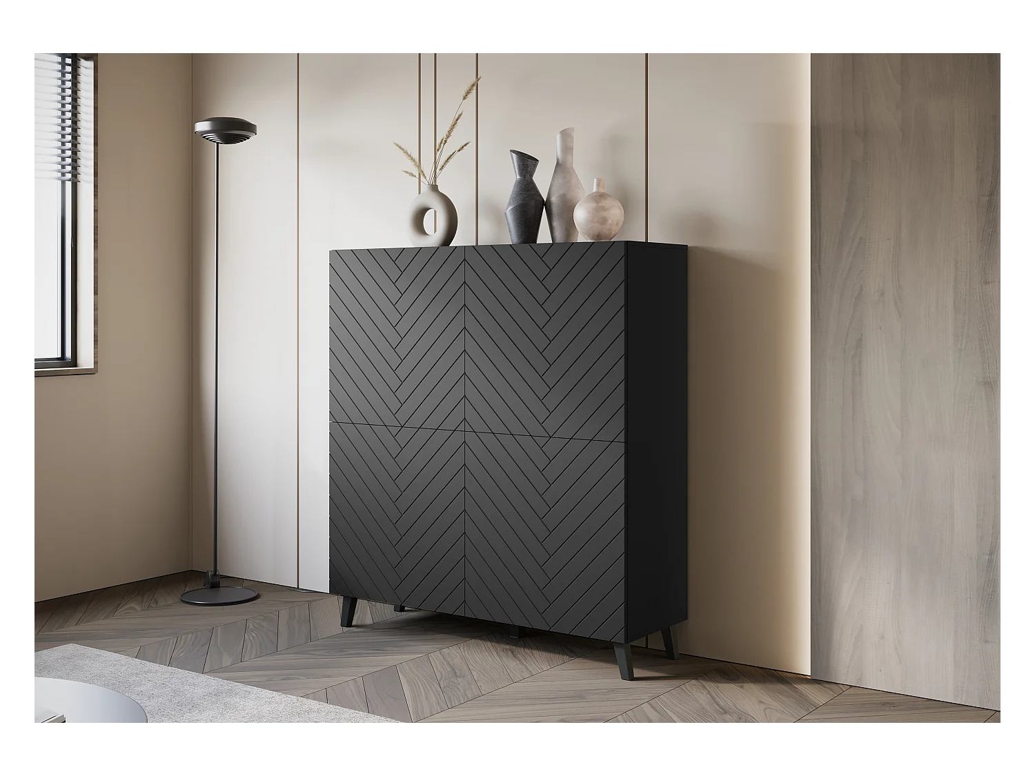 Cómoda alta moderna 120 cm para sala de estar com pés, grafite preto, frentes em MDF em espinha de peixe