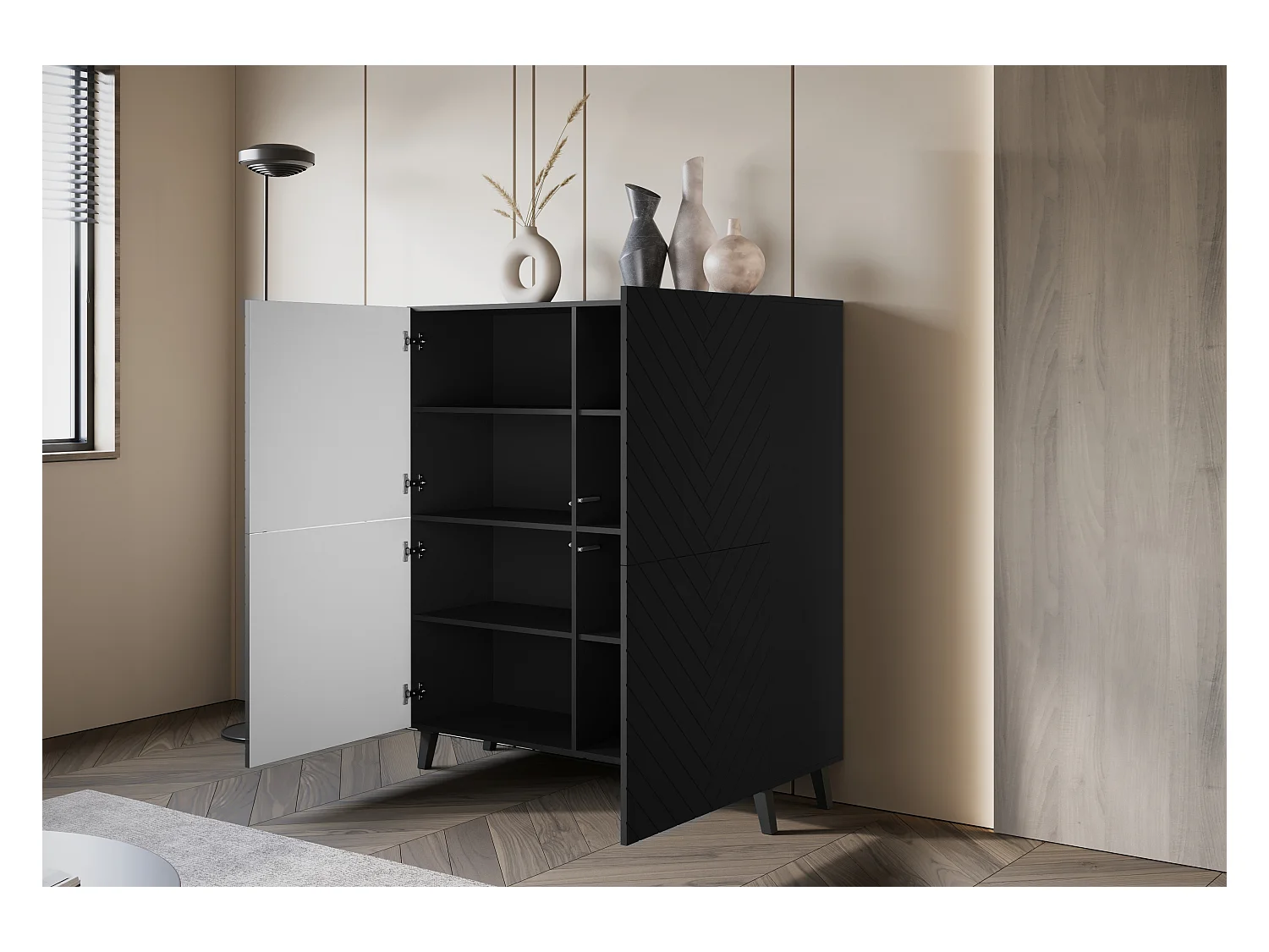 Cómoda alta moderna 120 cm para sala de estar com pés, grafite preto, frentes em MDF em espinha de peixe