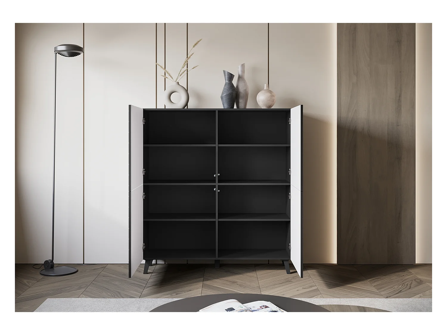 Cómoda alta moderna 120 cm para sala de estar com pés, grafite preto, frentes em MDF em espinha de peixe