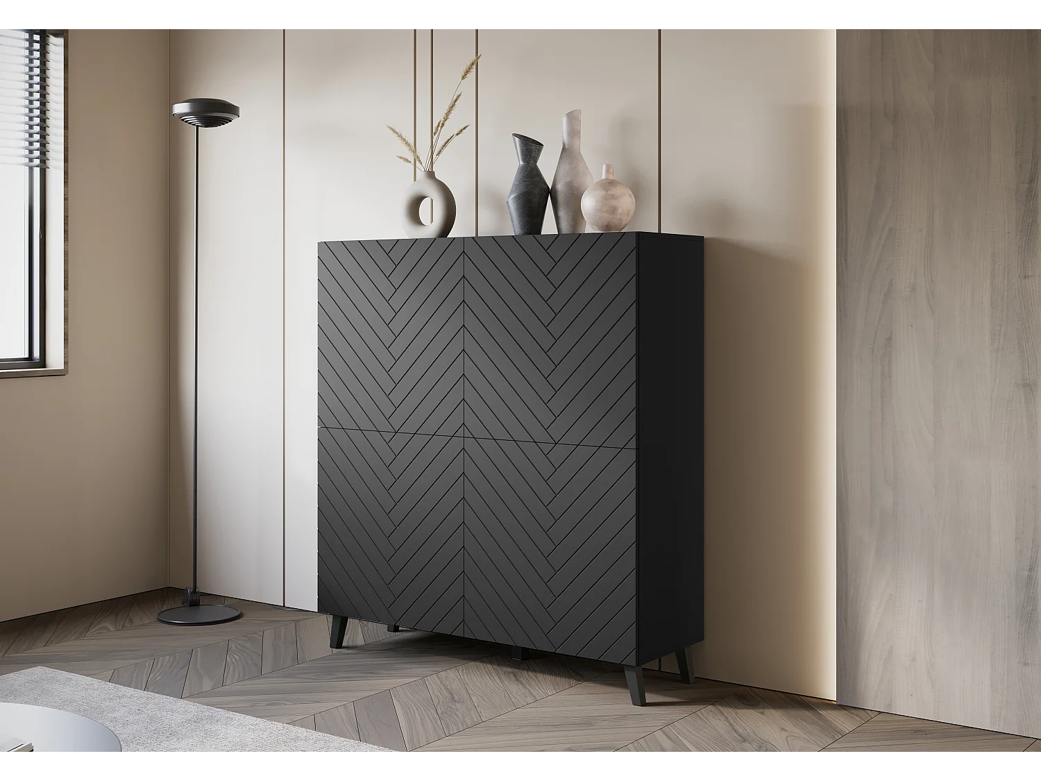Commode haute moderne 120 cm sur pieds pour salon, graphite noir, façades MDF motif chevron