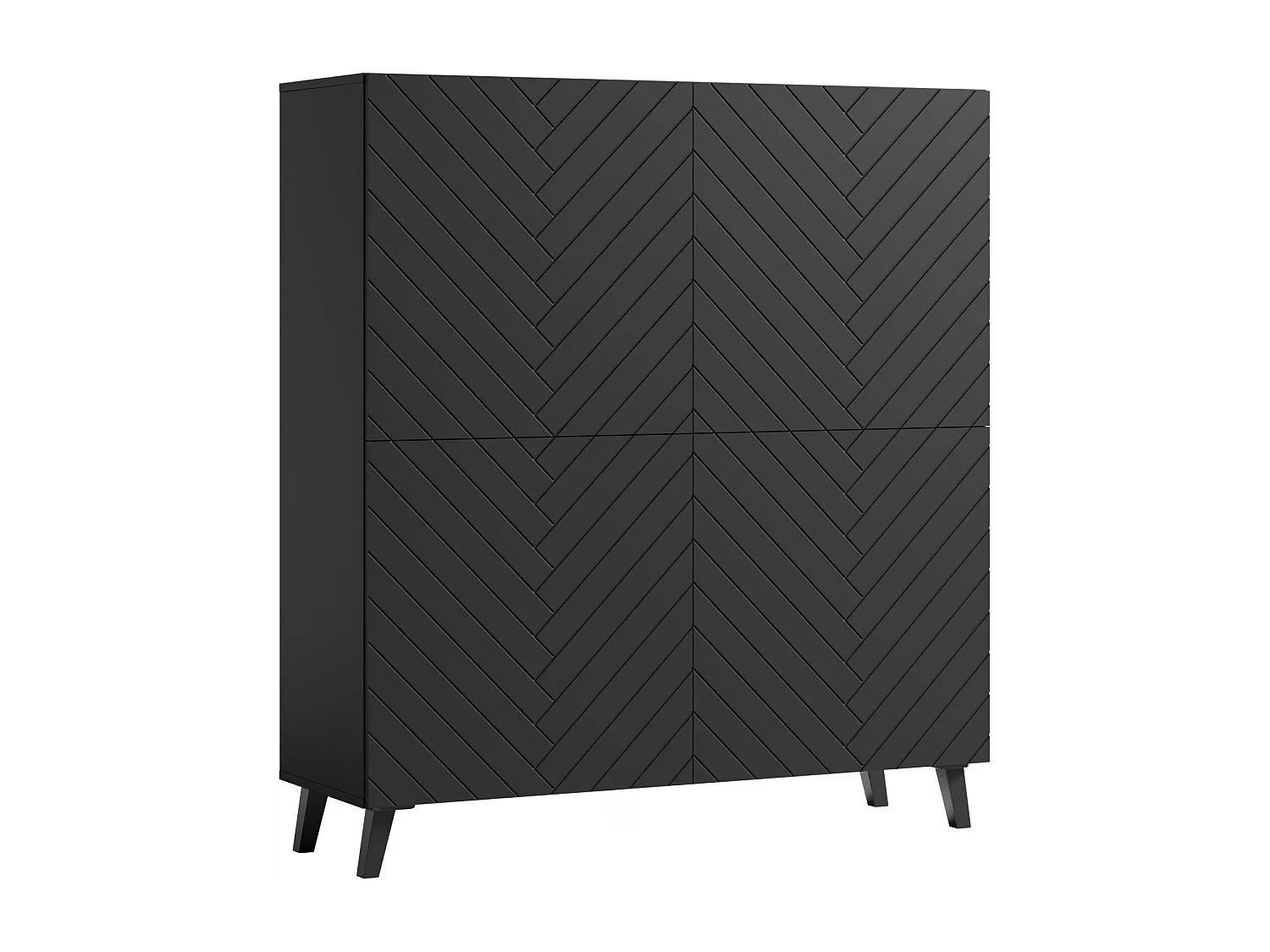 Commode haute moderne 120 cm sur pieds pour salon, graphite noir, façades MDF motif chevron