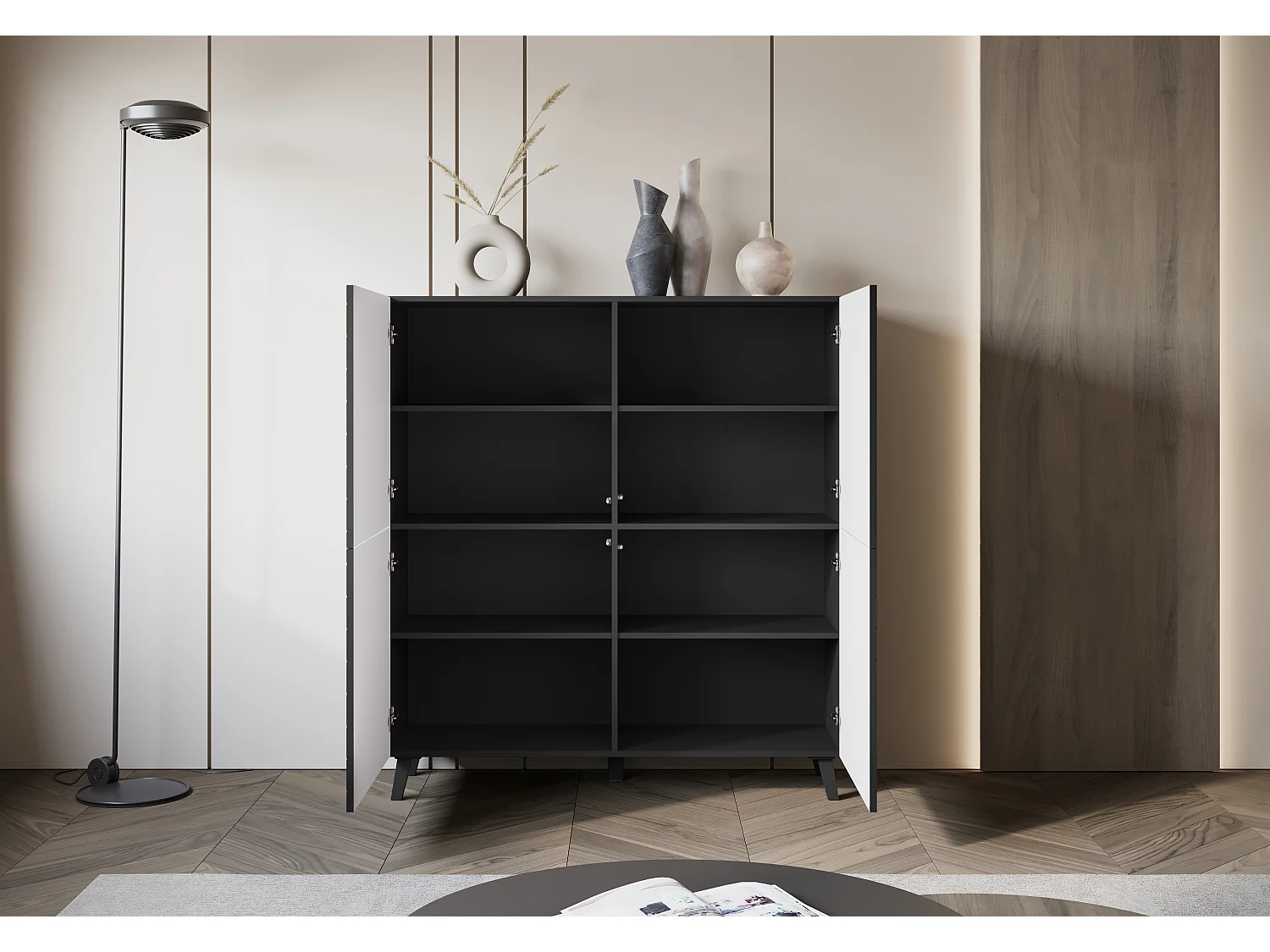 Commode haute moderne 120 cm sur pieds pour salon, graphite noir, façades MDF motif chevron