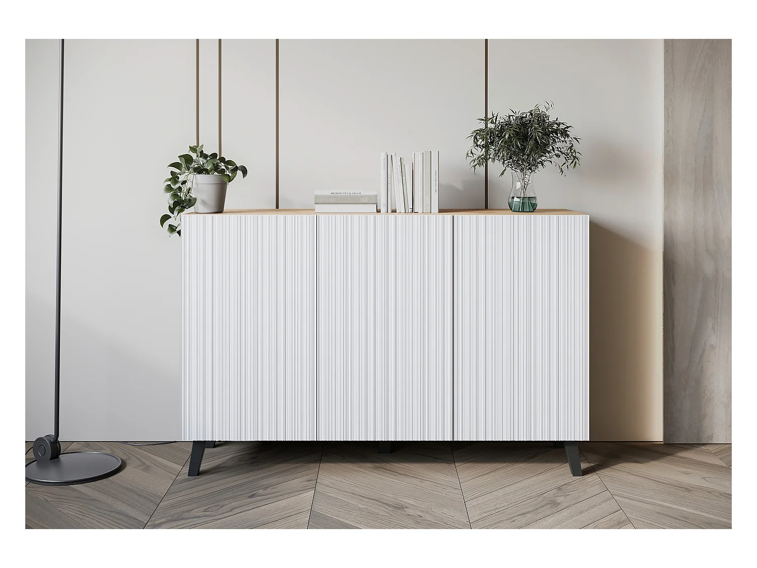 Aparador moderno 120 cm para salón con patas, artisan, frentes MDF ranurados blancos