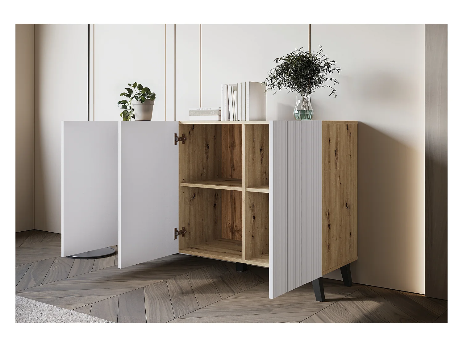 Aparador moderno 120 cm para salón con patas, artisan, frentes MDF ranurados blancos