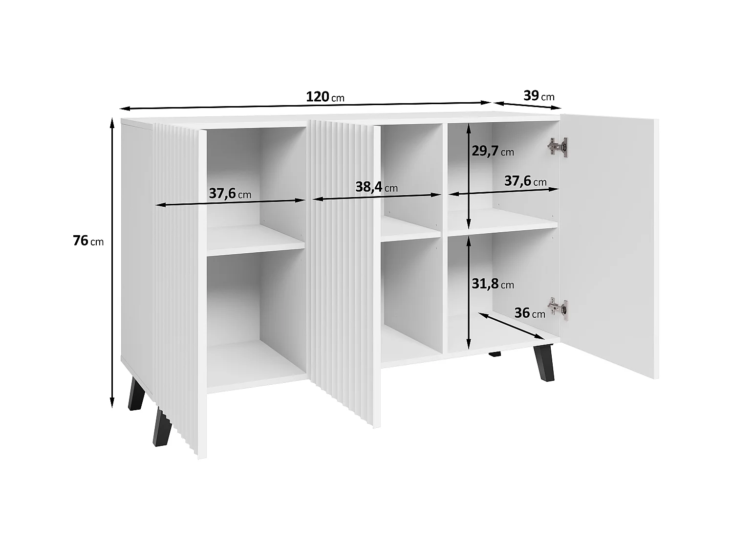 Aparador moderno 120 cm para salón con patas, artisan, frentes MDF ranurados blancos