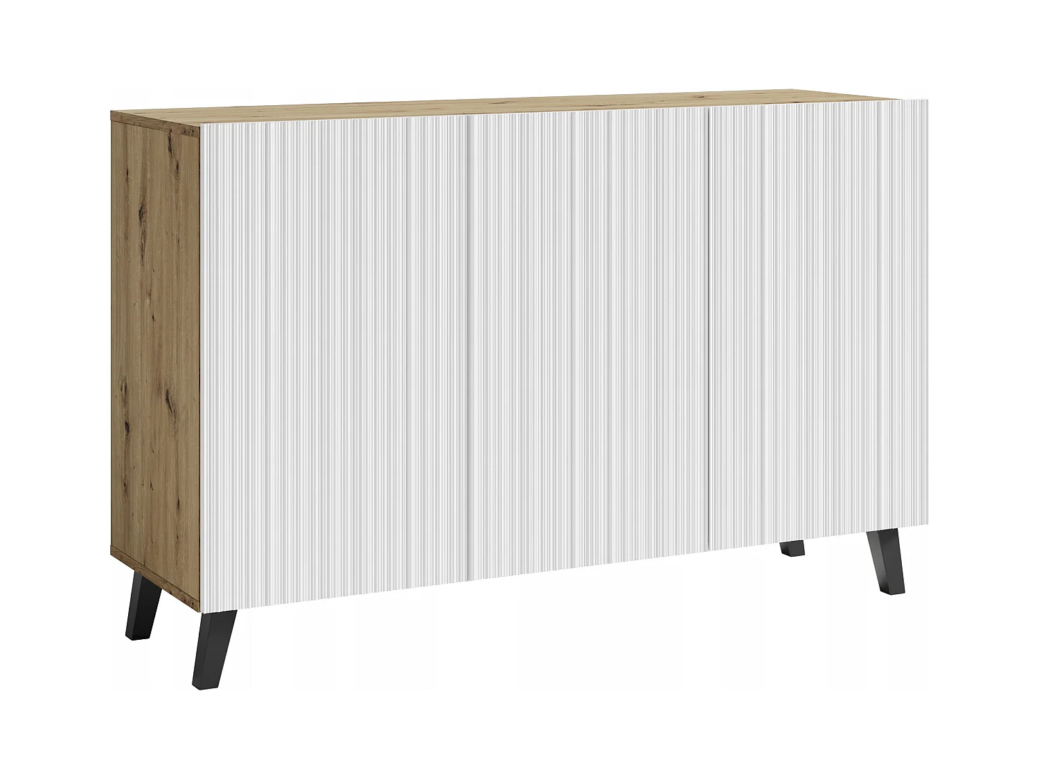 Commode moderne 120 cm pour salon sur pieds, artisan, façades MDF rainurées blanches