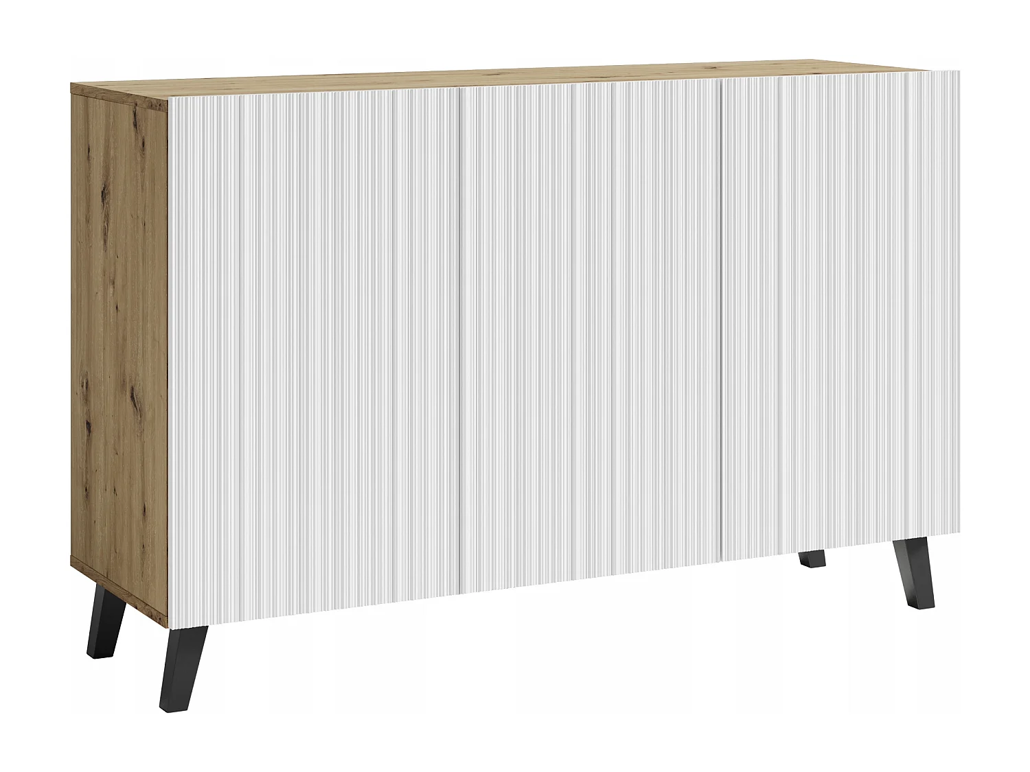 Commode moderne 120 cm pour salon sur pieds, artisan, façades MDF rainurées blanches