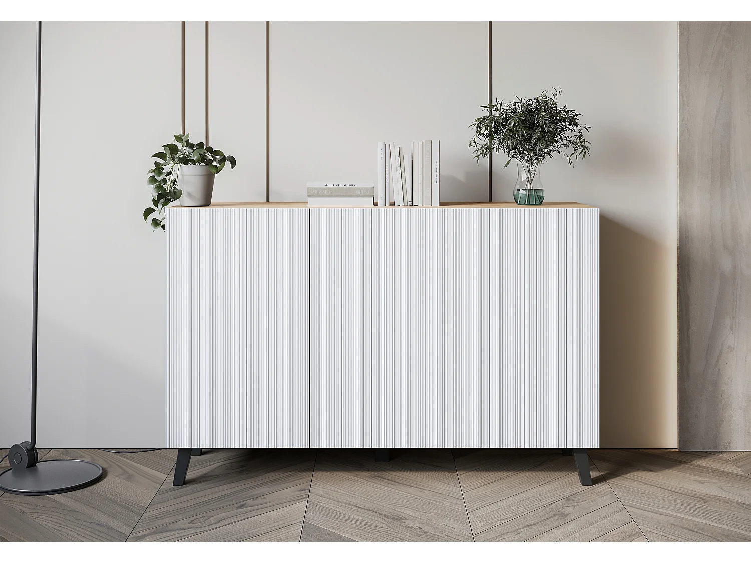 Commode moderne 120 cm pour salon sur pieds, artisan, façades MDF rainurées blanches