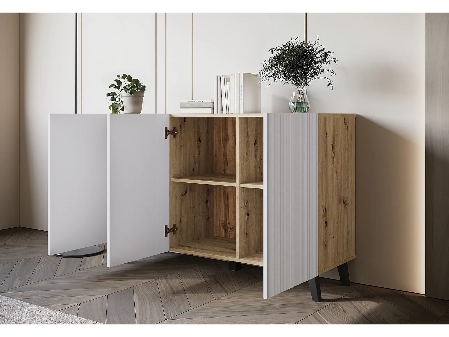 Commode moderne 120 cm pour salon sur pieds, artisan, façades MDF rainurées blanches