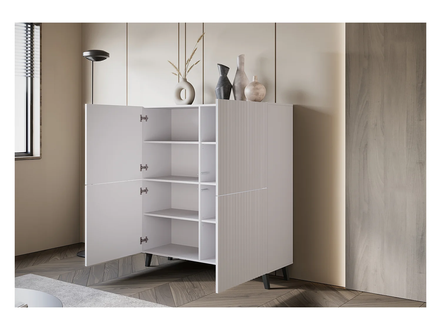 Nowoczesna wysoka komoda 120 cm na nóżkach do salonu, biały mat, fronty MDF w szerokie ryfle