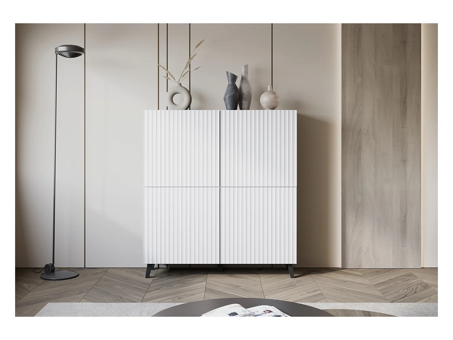 Nowoczesna wysoka komoda 120 cm na nóżkach do salonu, biały mat, fronty MDF w szerokie ryfle