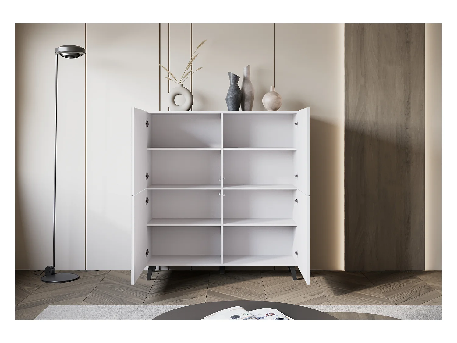 Nowoczesna wysoka komoda 120 cm na nóżkach do salonu, biały mat, fronty MDF w szerokie ryfle